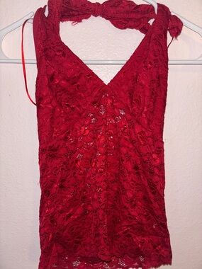 Wild Cat Womans  Red Lace Halter Top, Floral Designed Camisole Size L
